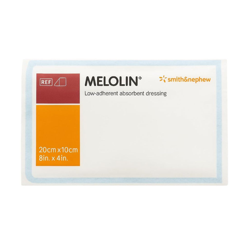 Melolin low-adherent absorbent dressing packaging by Smith & Nephew on a white background