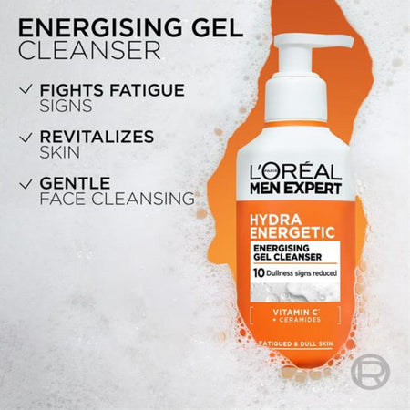 L'Oréal Men Expert Hydra Energetic Energising Gel Cleanser bottle shown on a white foamy background with orange graphic accents and marketing text on the left.
