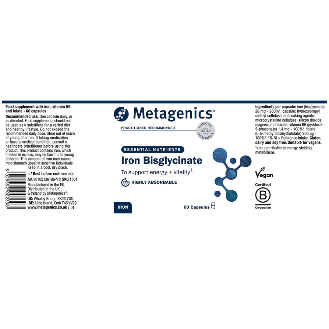 Metagenics Iron Bisglycinate Capsules Bottle Labelling on a white background