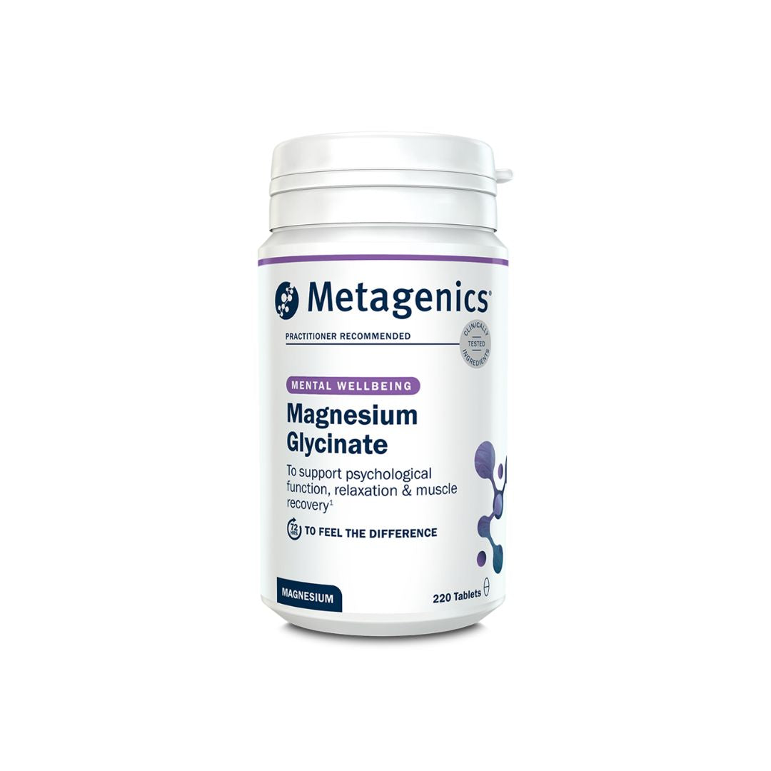 Metagenics Magnesium Glycinate 220 Tablets container (front angle) on a white background