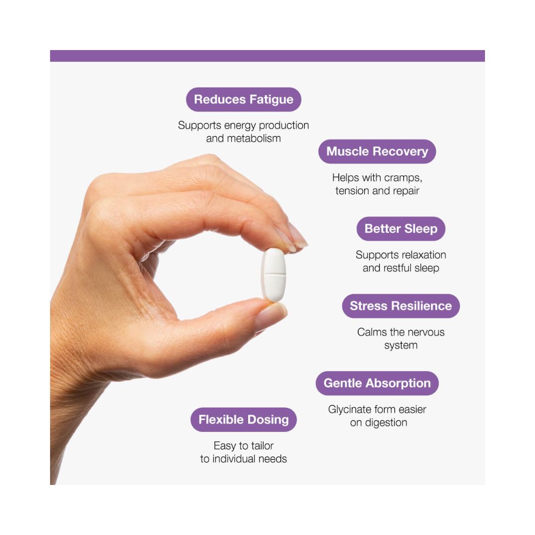 Metagenics Magnesium Glycinate 220 Tablets key points graphic