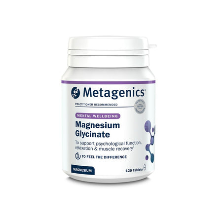 A white plastic bottle of Metagenics Magnesium Glycinate dietary supplement, containing 120 tablets, shown on a clean white background.
