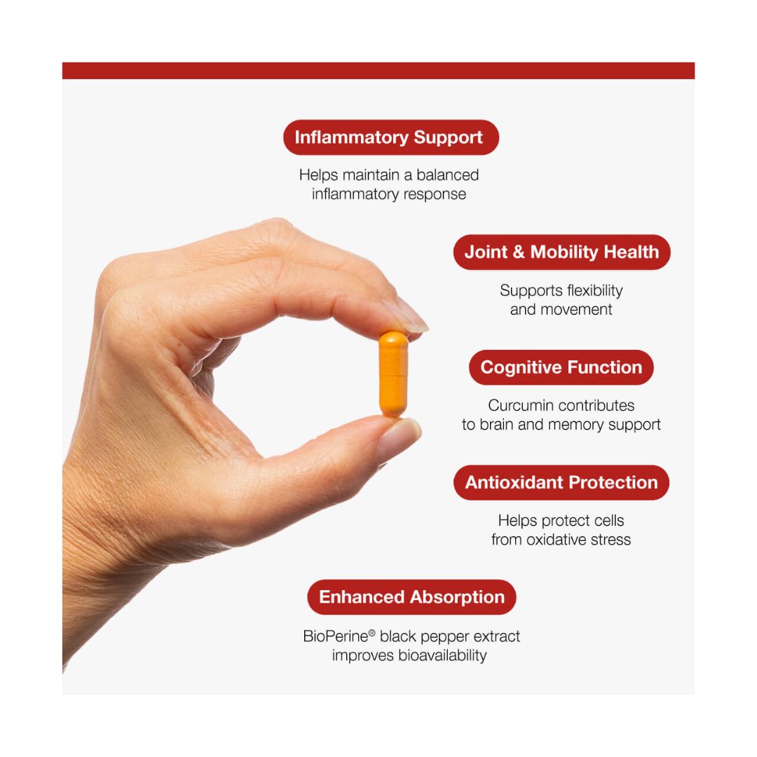Metagenics MetaActive Curcumin MegaSorb product information on a cream background with an image of a person holding the capsules