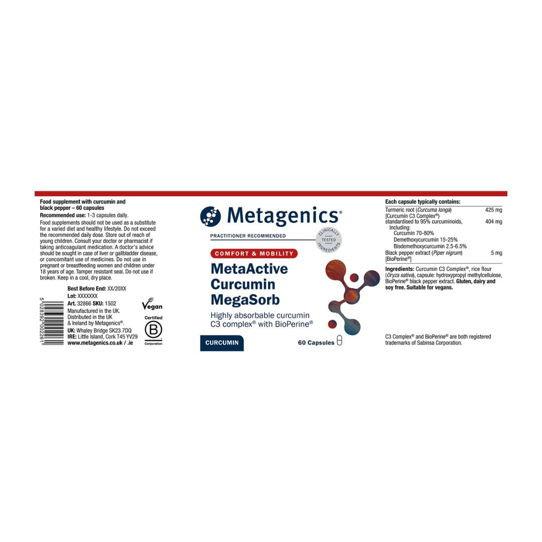 Metagenics MetaActive Curcumin MegaSorb product label unfolded onto a white background