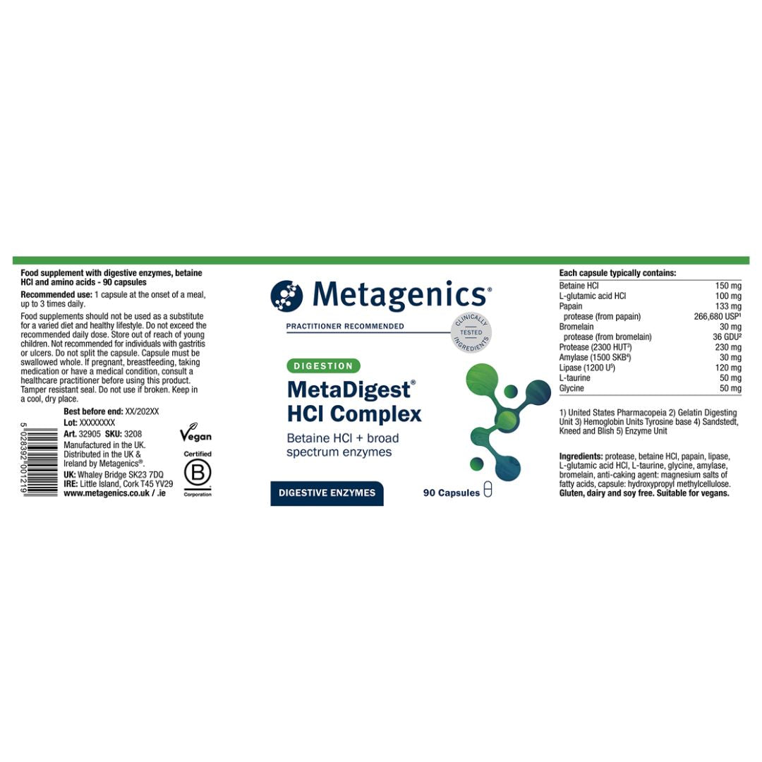 Metagenics Metadigest HCl Complex Label on a white background