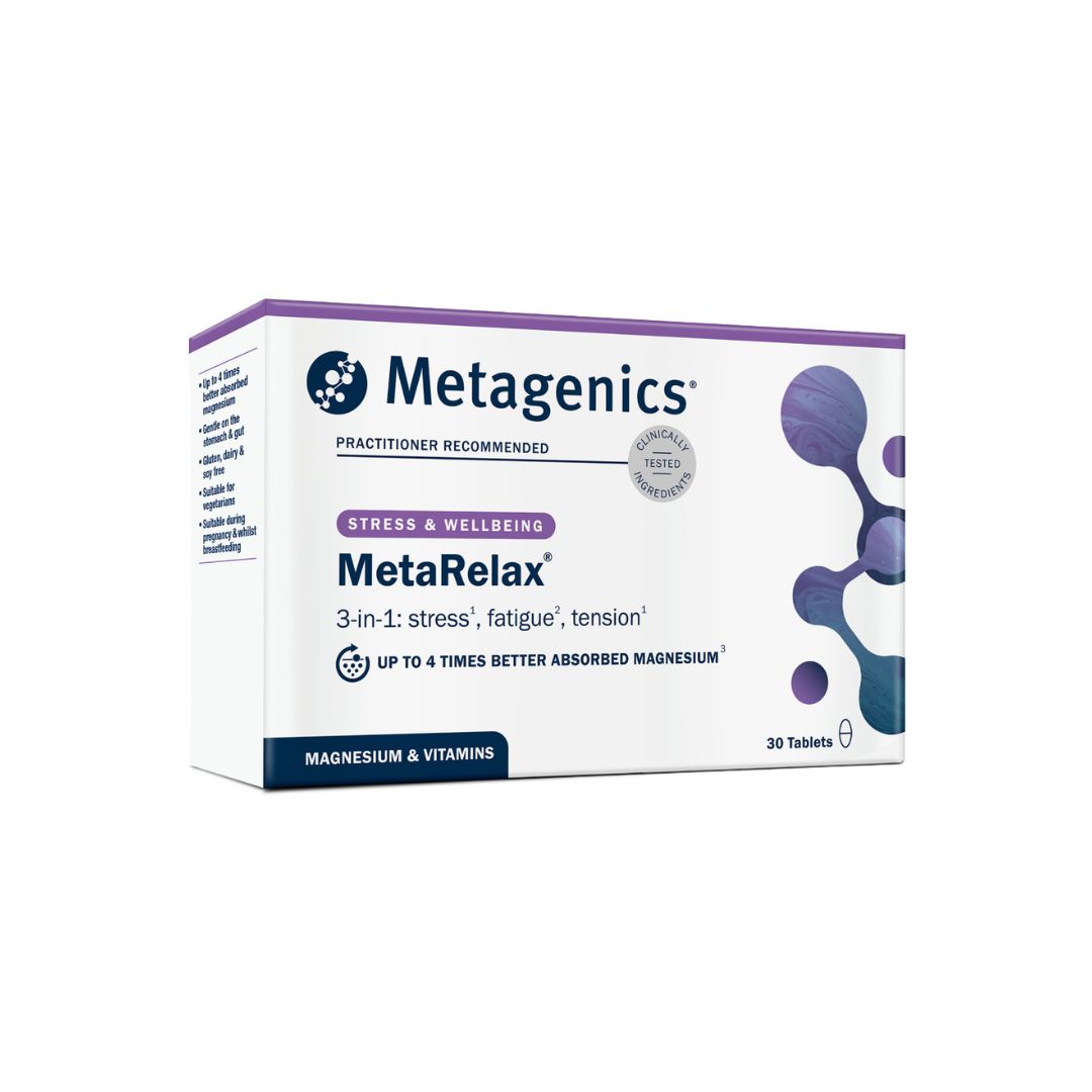 Metagenics MetaRelax Daily 30 Tablets packaging on a white background
