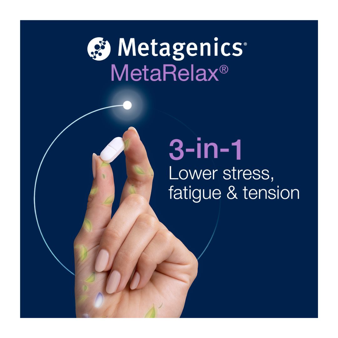 Metagenics MetaRelax Daily '3-in-1'  graphic on a blue background with an image of a hand holding the tablet