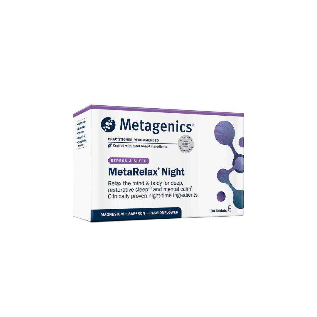 A box of Metagenics MetaRelax Night stress and sleep supplement, containing 30 tablets, shown on a plain white background.