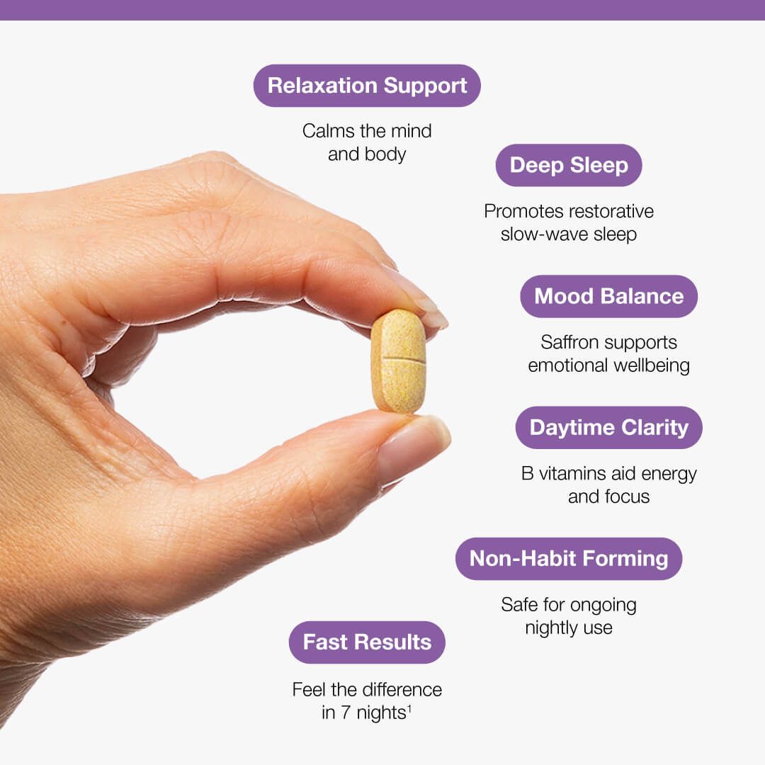 Hand holding a pill with health benefits listed on a white background