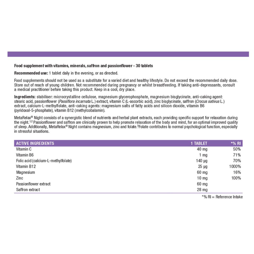 A white informational sheet showing supplement facts for a tablet product. The page includes a purple header, a recommendation note, ingredients list, and an active ingredients table listing vitamins, magnesium, selenium, zinc, and psyllium extract with amounts and reference intakes.