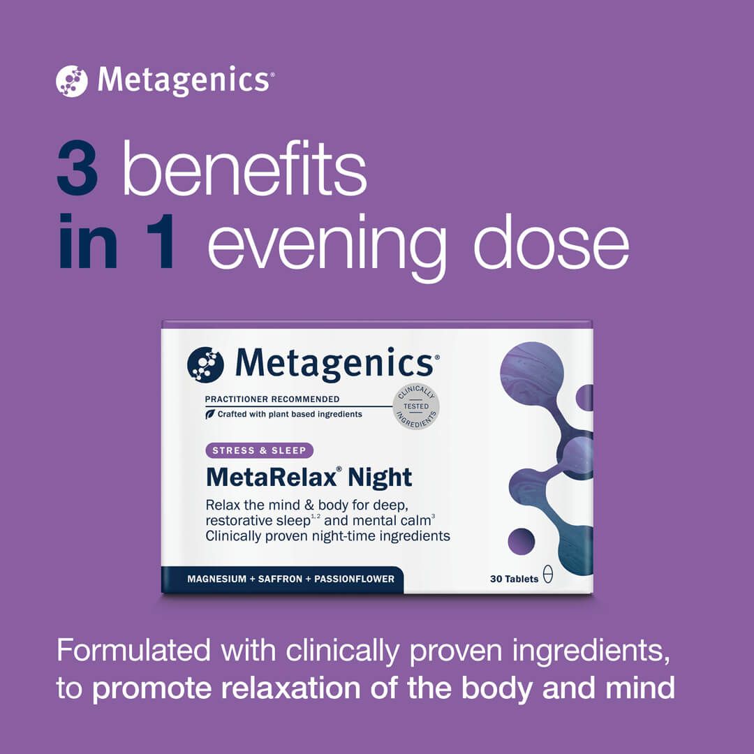 Metagenics MetaRelax Night supplement packaging on a purple background with text about benefits and ingredients.