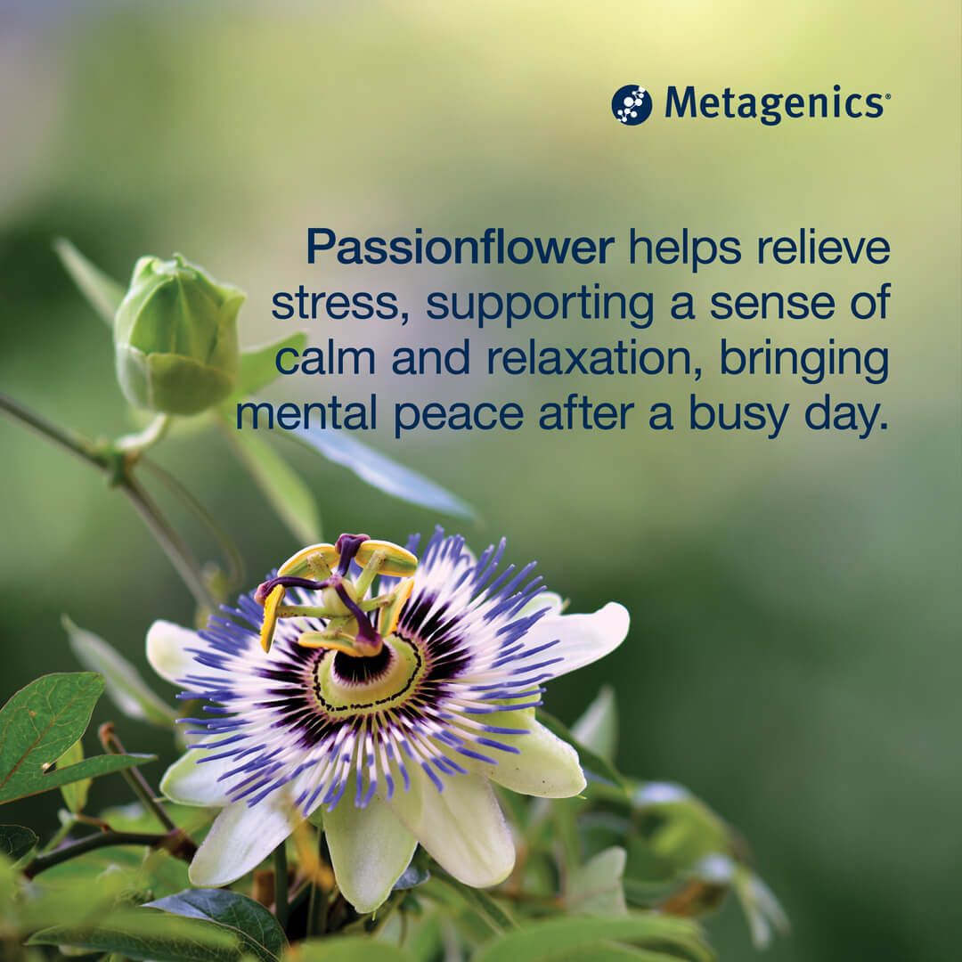 Passionflower with Metagenics branding and text about stress relief and relaxation.