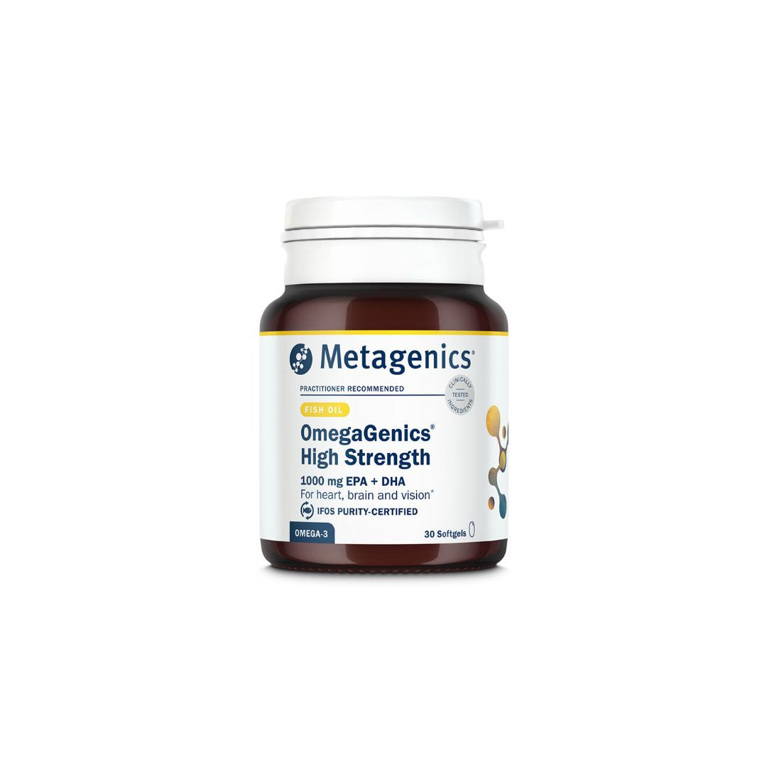 Metagenics OmegaGenics High Strength Omega-3 container on a white background