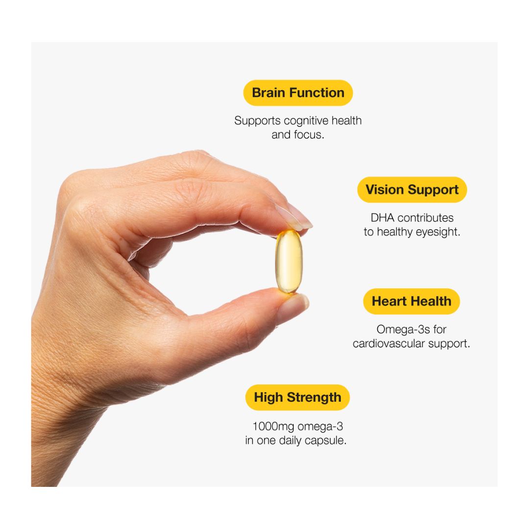 Metagenics OmegaGenics High Strength Omega-3 product details on a cream background