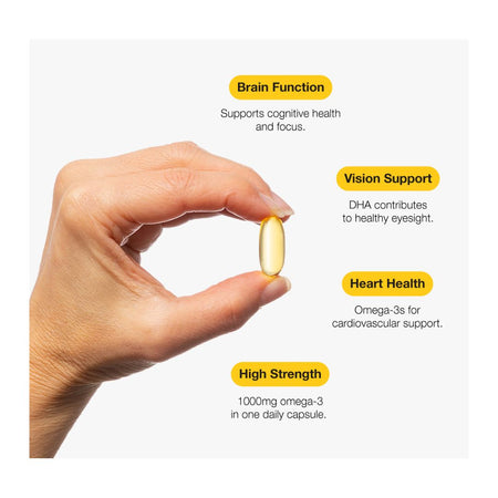 Metagenics OmegaGenics High Strength Omega-3 product details on a cream background