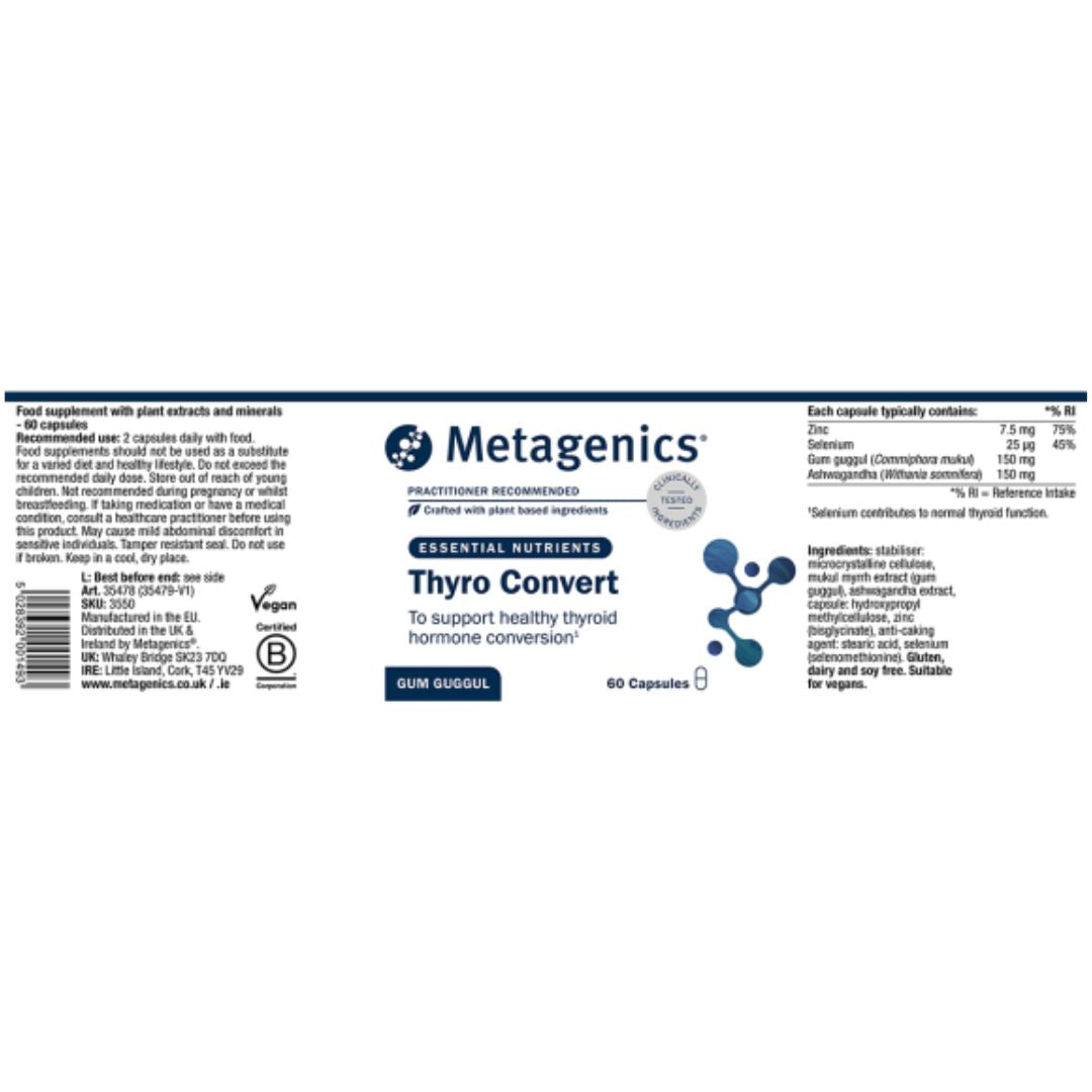 Metagenics Thyro Convert 60 Capsules label on a white background