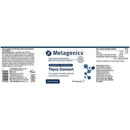 Metagenics Thyro Convert 60 Capsules label on a white background