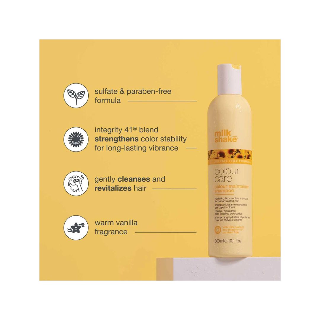 milk_shake Colour Maintainer Shampoo container on a yellow background with various product benefits to the right