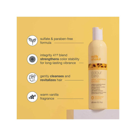 milk_shake Colour Maintainer Shampoo container on a yellow background with various product benefits to the right