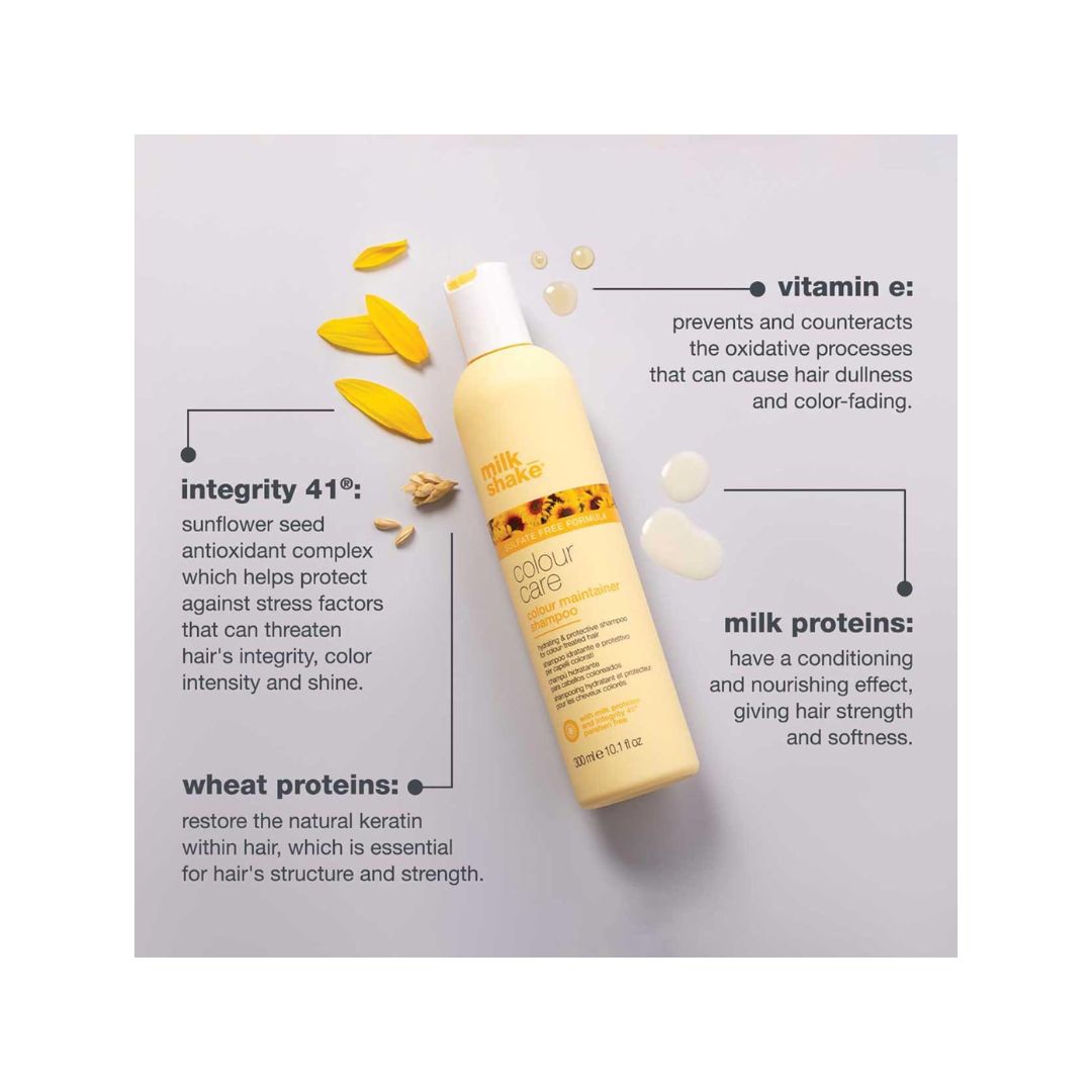 milk_shake Colour Maintainer Shampoo container on a grey background with various key product information surrounding it