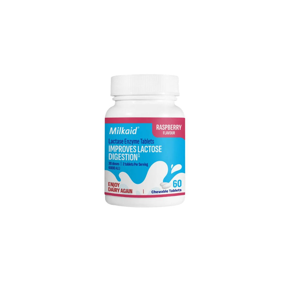 Milkaid Lactase Enzyme Tablets bottle on a white background