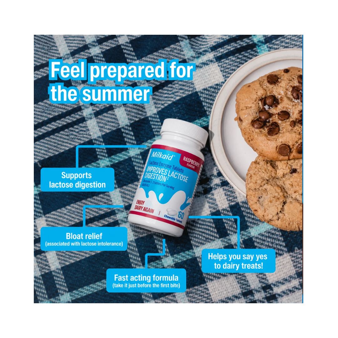 Milkaid Lactase Enzyme Tablets on picnic blanet with bulletpoints of product information surrounding it