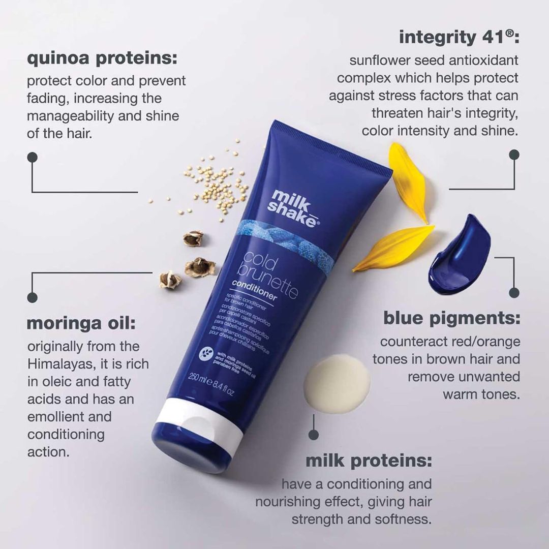 A tube of Milk Shake Cold Shunt conditioner is displayed on a light gray background with surrounding text callouts about ingredients and benefits, along with decorative seeds, yellow petals, and a blue gel swatch.