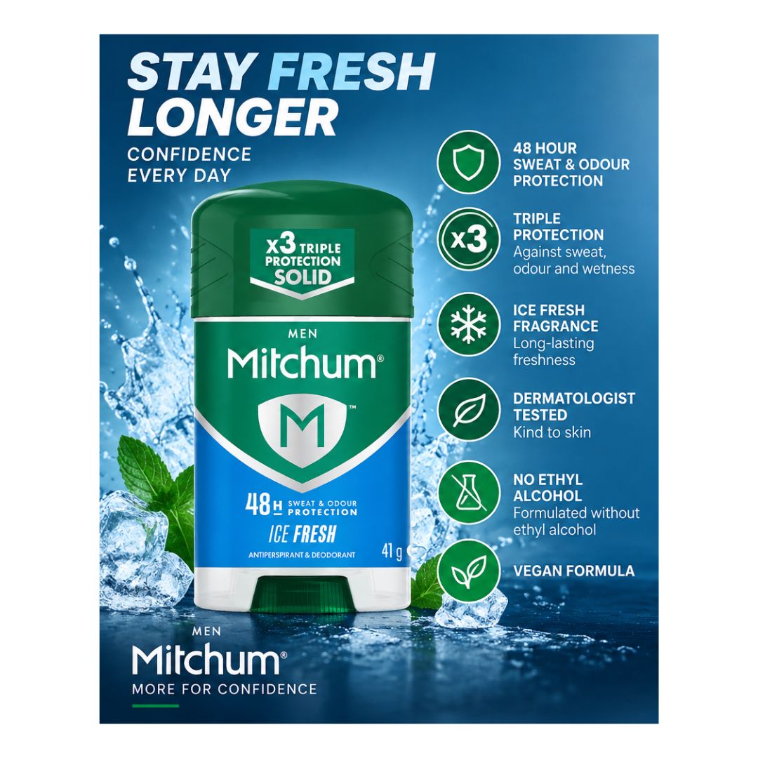Mitchum Men Ice Fresh Antiperspirant Stick 41g promotional graphic on a blue background