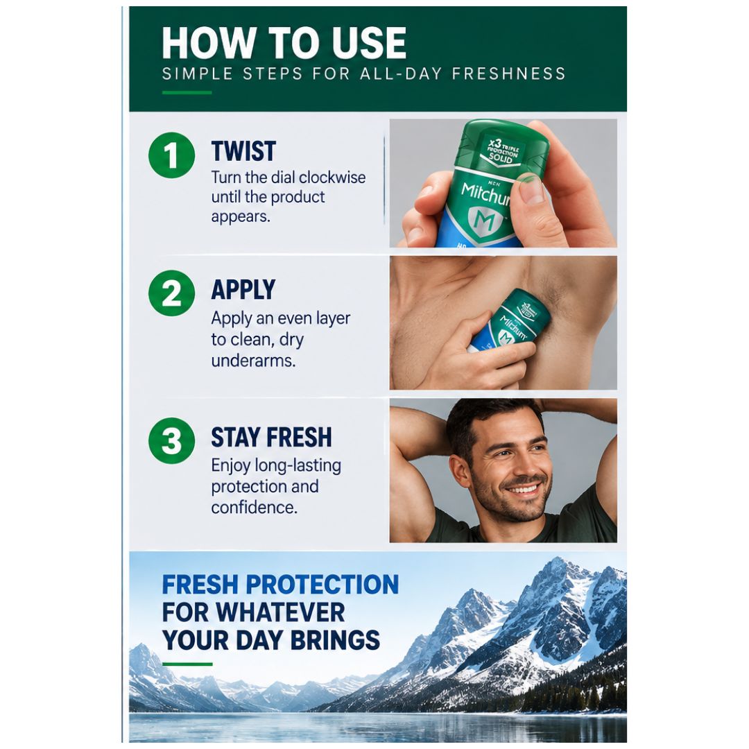 Mitchum Men Ice Fresh Antiperspirant Stick 41g 'HOW TO USE' stepwise graphic