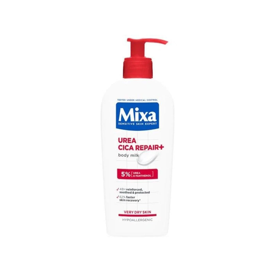 A white bottle of Mixa Urea Cica Repair+ body milk with a red pump dispenser, shown against a plain white background.