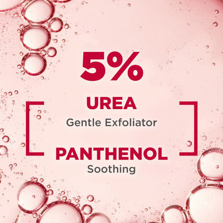 A pink skincare graphic with large red and dark gray text reading '5% UREA Gentle Exfoliator' and 'PANTHENOL Soothing,' surrounded by translucent bubble illustrations on a soft pink background.