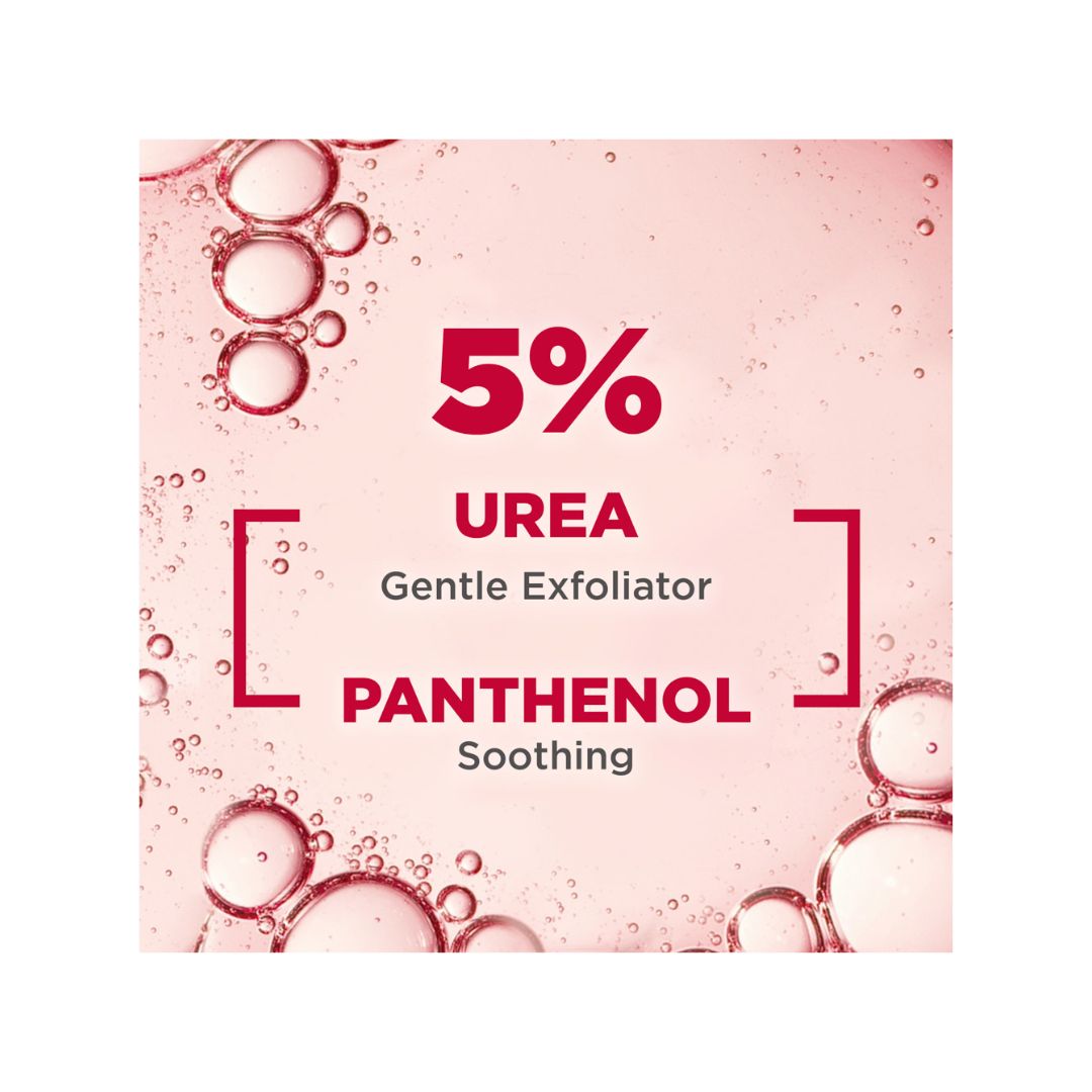 A square pink graphic with bubble imagery and text reading '5% UREA Gentle Exfoliator PANTHENOL Soothing' on a white page background.