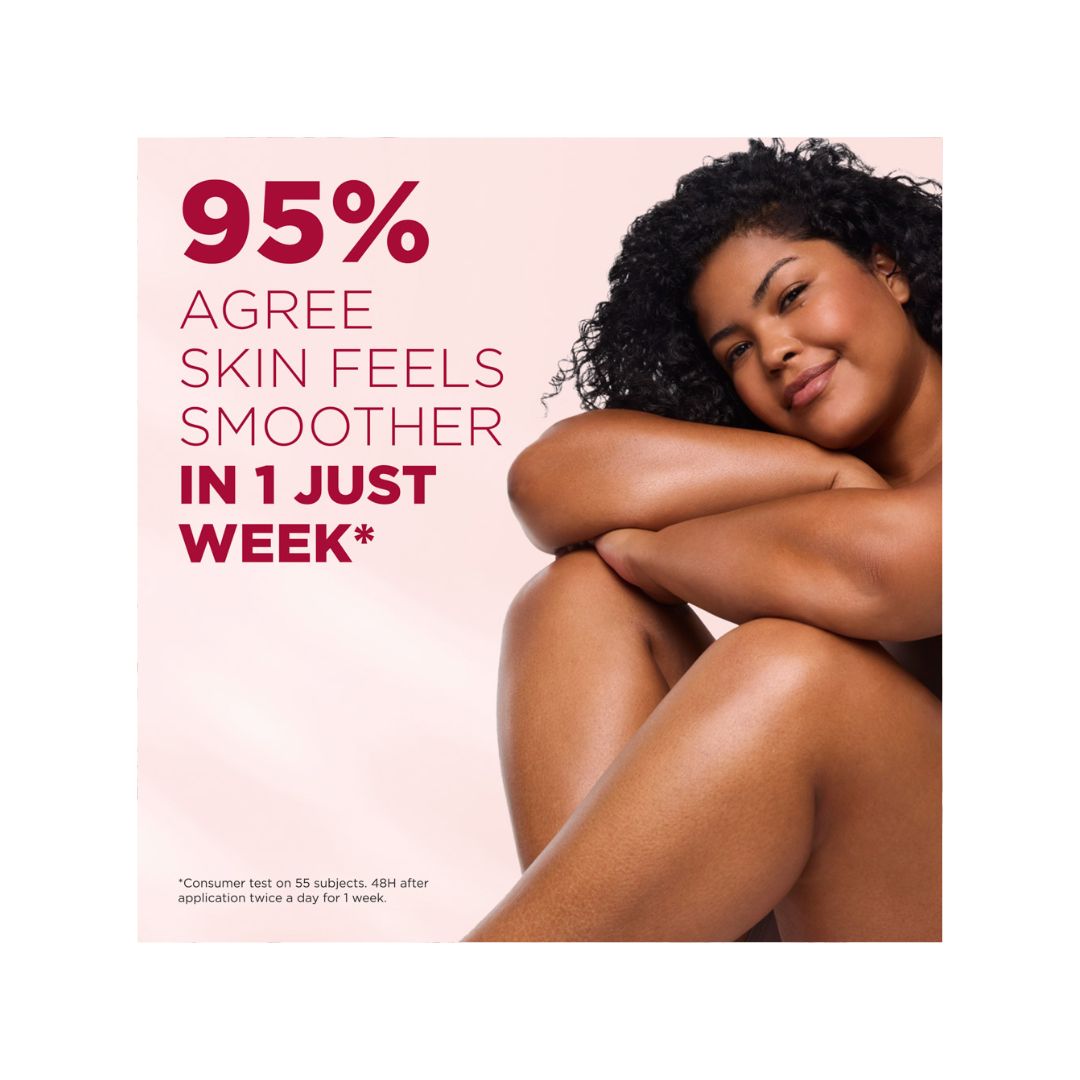 A promotional square graphic with a smiling woman curled inward against a pale pink background, alongside large text reading '95% AGREE SKIN FEELS SMOOTHER IN 1 JUST WEEK*'.
