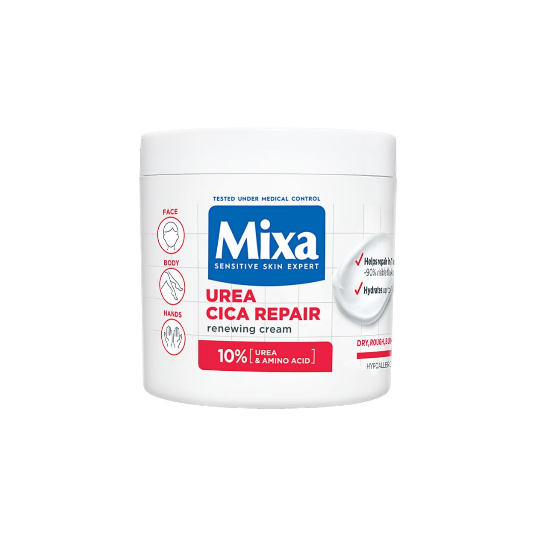 A white plastic jar of Mixa Urea Cica Repair Renewing Cream on a plain white background.