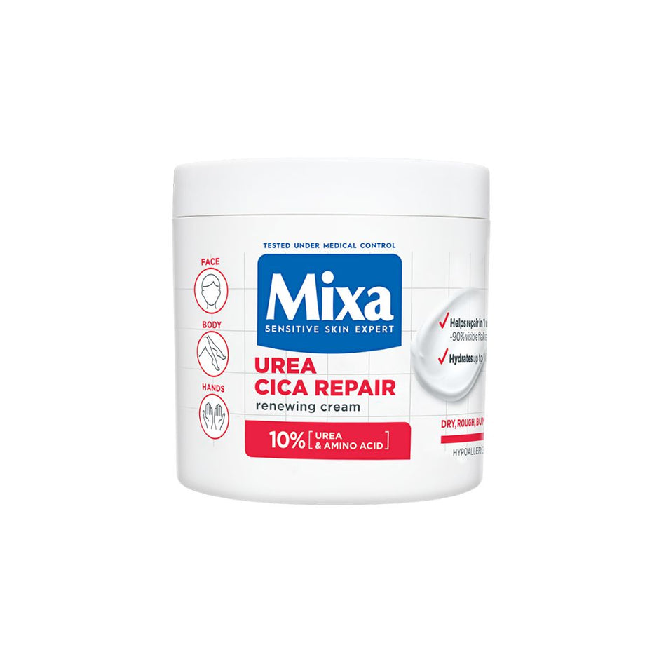 A white plastic jar of Mixa Urea Cica Repair Renewing Cream on a plain white background.