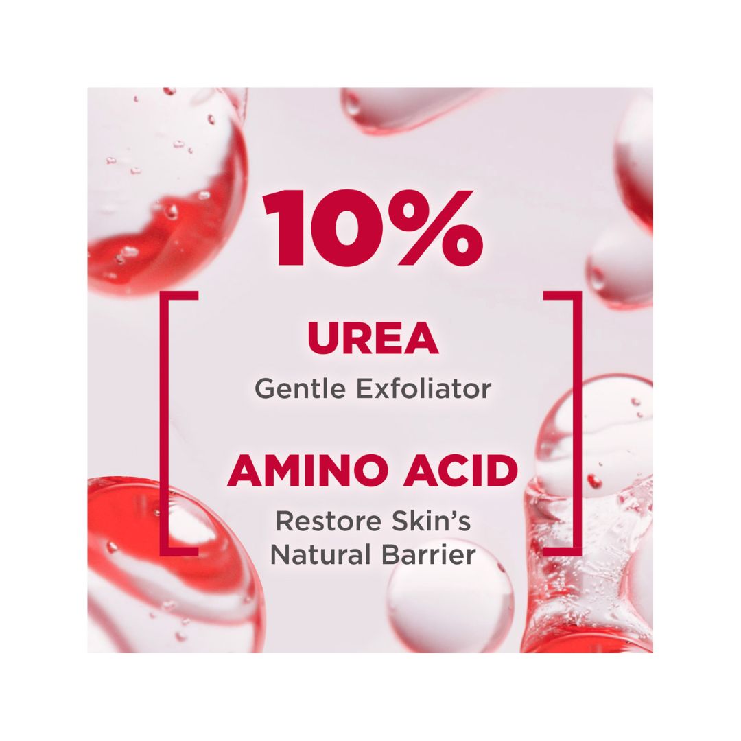A square promotional graphic for a skincare product with the text '10% UREA Gentle Exfoliator Amino Acid Restore Skin's Natural Barrier' on a pale pink background with red liquid droplets.