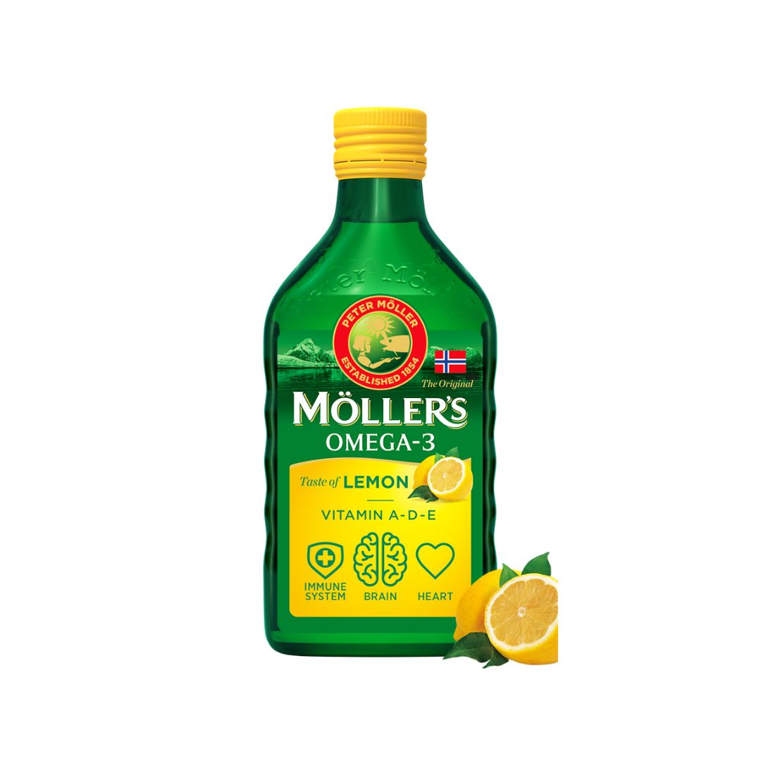 Moller's Omega 3 Liquid - Lemon bottle on a white background