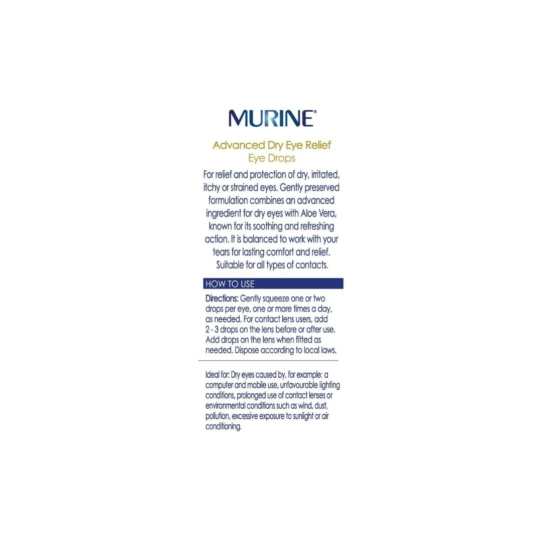 Murine Advanced Dry Eye Relief Eye Drops packaging (rear angle) on a white background