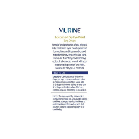 Murine Advanced Dry Eye Relief Eye Drops packaging (rear angle) on a white background