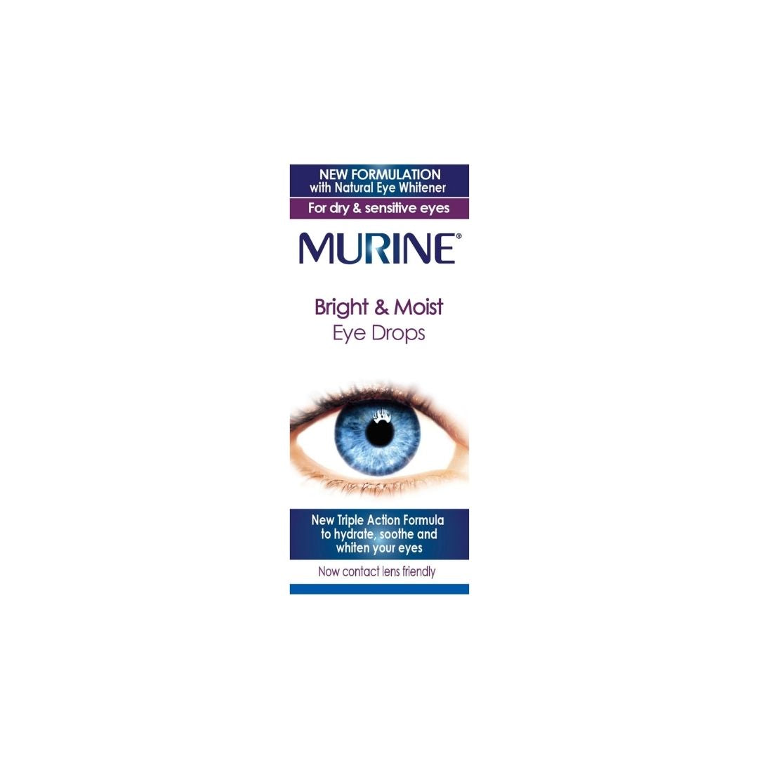 Murine Bright & Moist Eye drops packaging on a white background