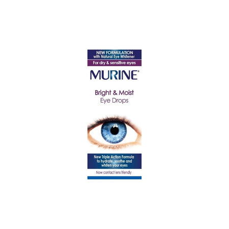 Murine Bright & Moist Eye drops packaging on a white background