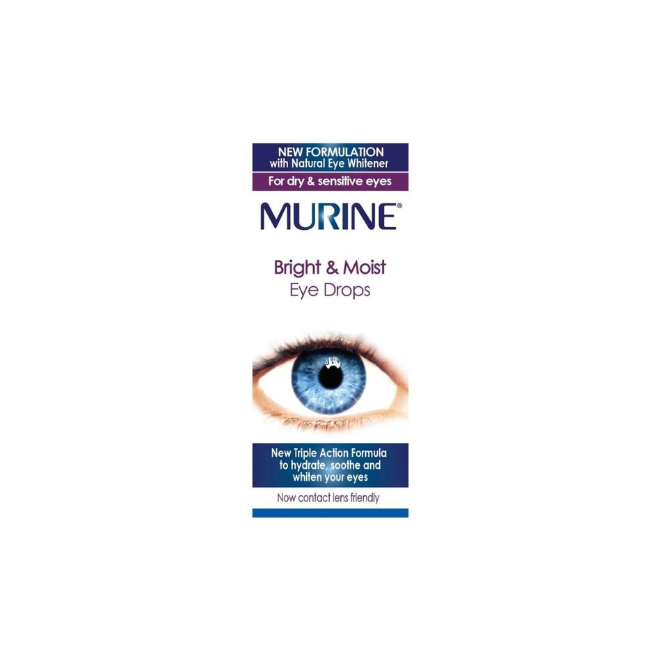 Murine Bright & Moist Eye drops packaging on a white background