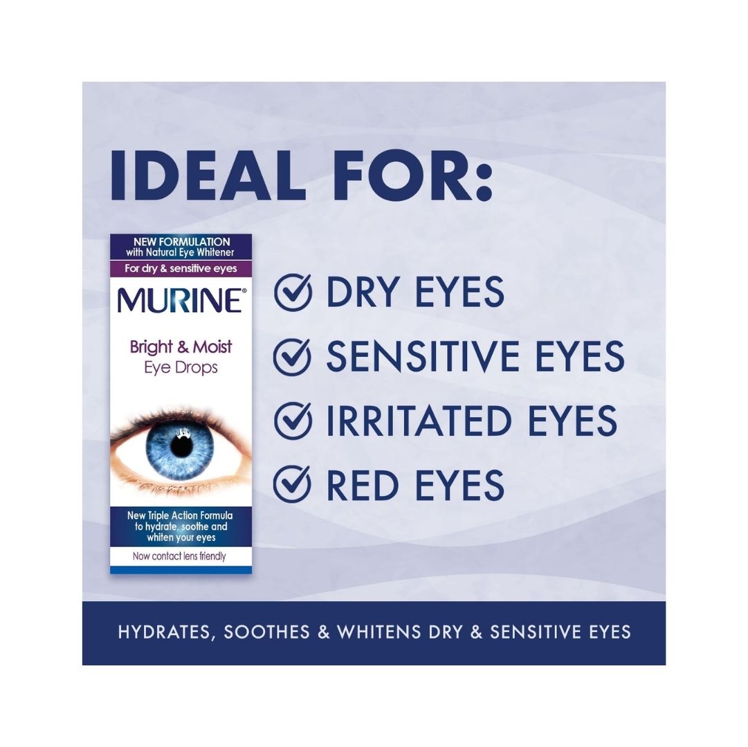 Murine Bright & Moist Eye drops 'IDEAL FOR' graphic on a blue background