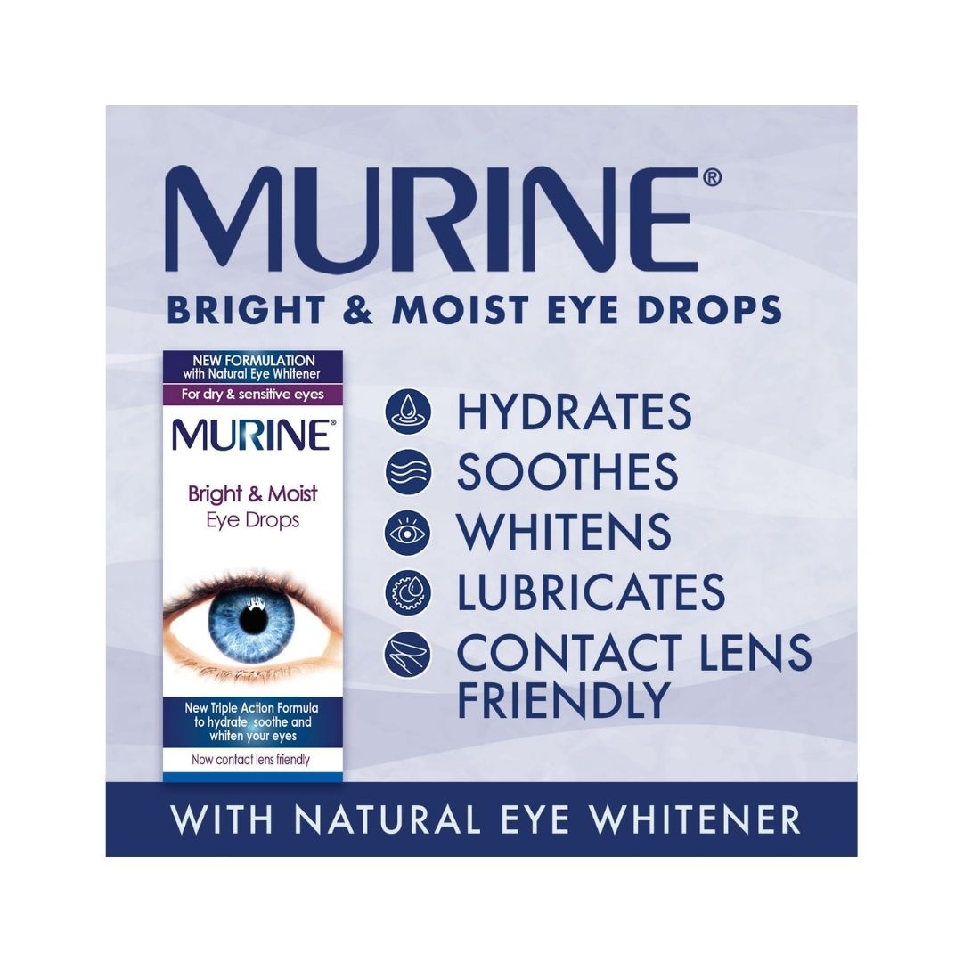 Murine Bright & Moist Eye drops product benefits graphic on a light blue background