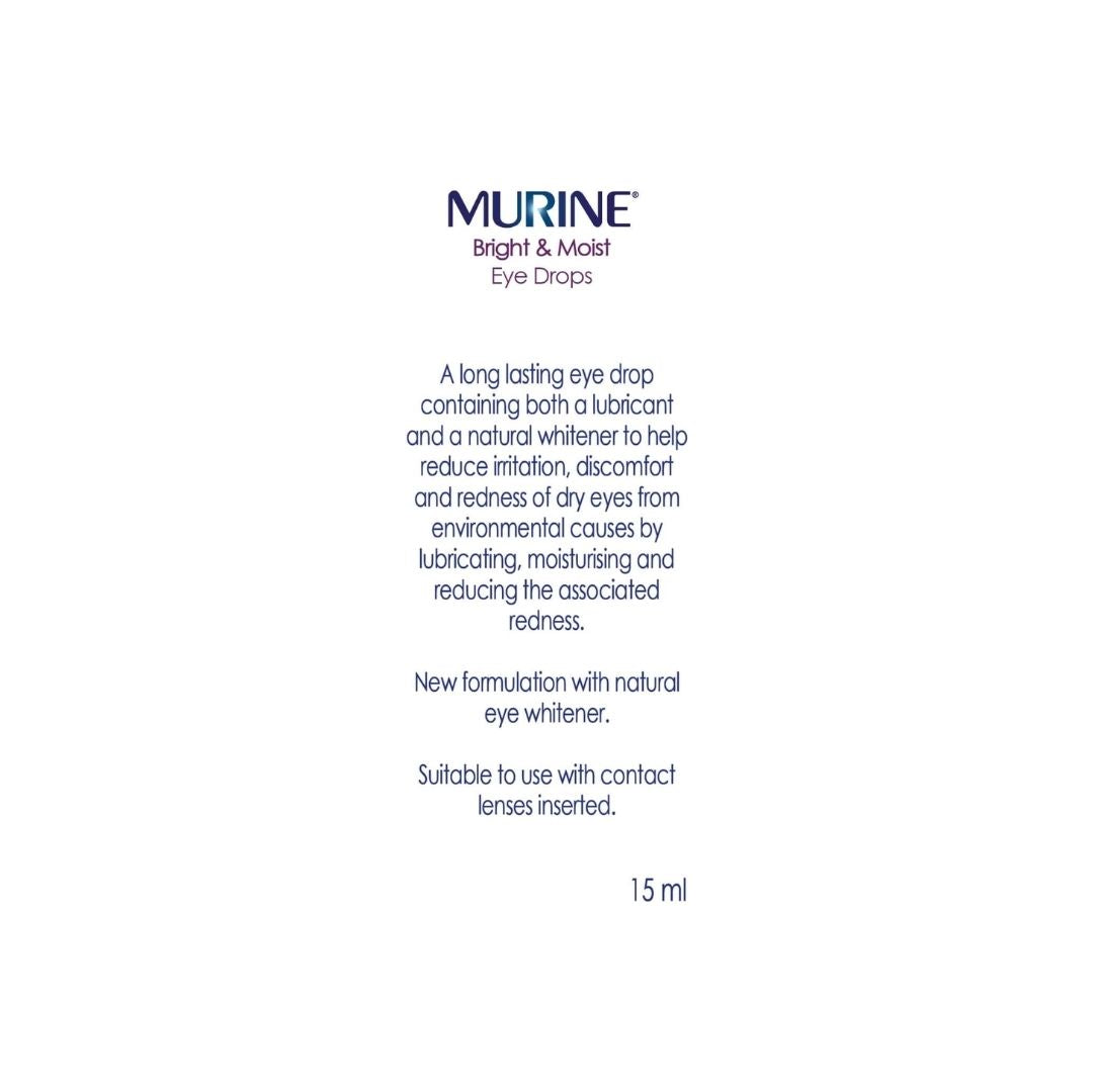 Murine Bright & Moist Eye drops packaging (rear angle) on a white background