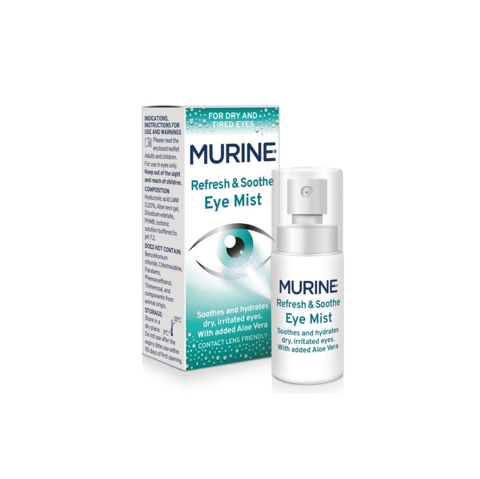 Murine Refresh & Soothe Eye Mist 10ml packaging and spray on a white background