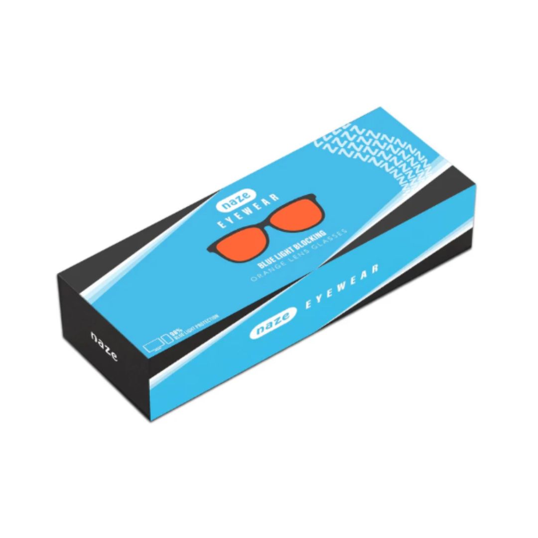 A box of NAZE Eyewear sunglasses, featuring a blue and black design with an illustration of orange-tinted sunglasses on the top panel.
