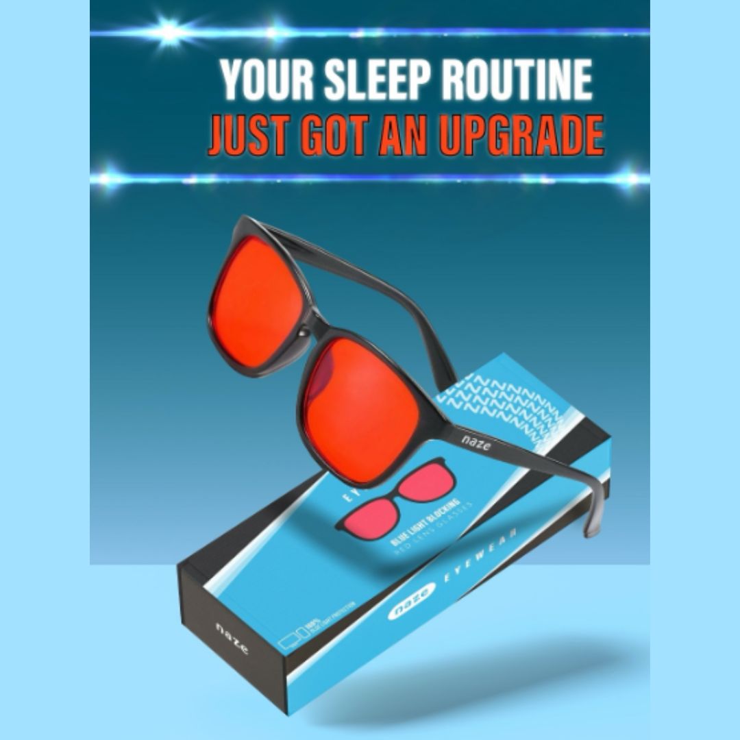 Red light therapy sunglasses with orange-red lenses and black frames, shown resting on their blue and black retail box against a light blue background with promotional text.