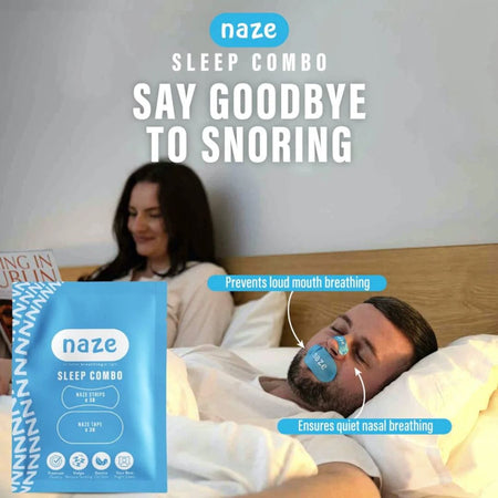 Advertisement for naze Sleep Combo with a man and woman in bed, highlighting the product's benefits.