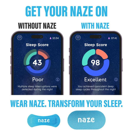 Two smartphone screens showing sleep score app with 'Naze' product below.
